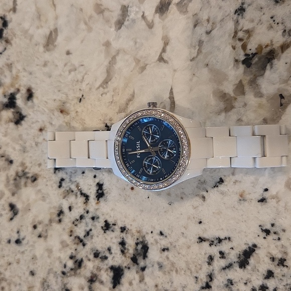 White and Blue Chronograph Watch with Crystal Bezel - Picture 2 of 6